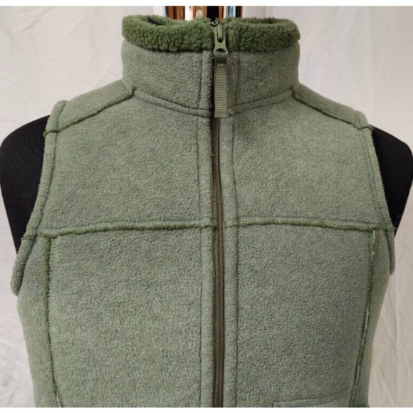 Frost Medium Green Full Zip Distressed Thick Sherpa Lined High Neck Fleece Vest - Picture 2 of 12